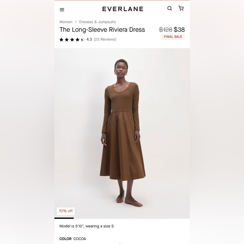Everlane Long Sleeve Rivera Dress Women’s Size L in Cocoa